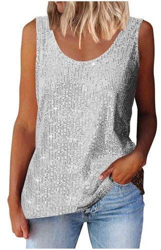 Generisch Glitzer Oberteile Damen Pailletten Top Glitzer Tops Festlich Outfit Angebote Glitzertop Shirt Frauen Bluse Glitter Tunika Unterhemden Kleidung Gutschein Silber XXL