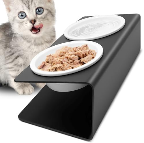 Vikcvcsc Gamelle Chat Surélevée, Gamelle pour Chien avec Support en Métal Antidérapant Incliné à 15°, Bols Chat Ceramique de Nourritur