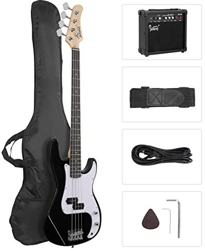 Bonnlo Electric Bass Guitar Kit for Beginners, Full Size 4/4 Bass with 20W amplifier and Bag, Cable, Strap, Stand，Strings, Maple Body, Ideal Starter Set for New Musicians Learner, Black