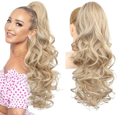 Brikabia 61 cm lange Pferdeschwanz-Haarverlängerung mit Clip, Haarverlängerung mit Clip für Pferdeschwanz, langes und welliges Haar, natürliches Damenhaar, Mittelblond mit Highlights
