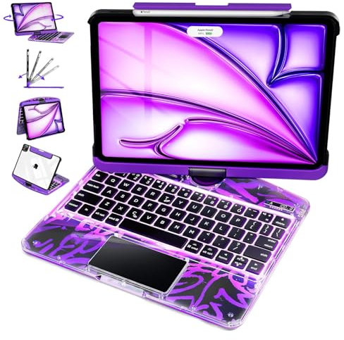 MAYDORHER for iPad A16/A14 Keyboard Case, 360 Rotating for iPad 10th/11th Gen 10.9 Inch Magic Keyboard with Cyberpunk High-tech Style, Pressure Reduction Sound Effect, Transparent Purple