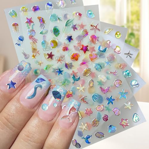 12 Adesivi Unghie Estate Stickers, Adesivi Nailstickers per Unghie a Tema Oceano Blu Estivo Stella Marina Conchiglia Medusa Nail Art DIY Decorazione Accessori per Ragazza Donne