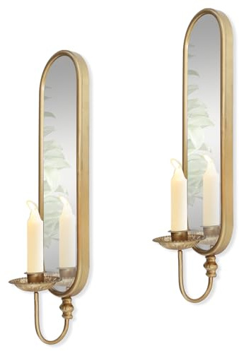 Set of 2 Vintage Gold Iron Candle Sconce and Mirror, Rustic Metal Wall Candle Holders for Pillar Candles Wall,Living Room, Bathroom, Dining Room(Size:3.94x15.94x3.9inches)
