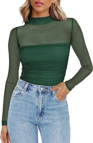 Zeagoo Women Mesh Long Sleeve High Neck Sheer Panel Top Slim Fit Stretch Going Out Party Evening Layering Tee Green S