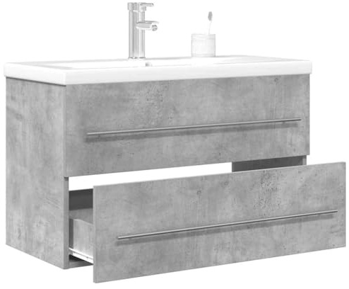 Qnhdfrt Set di 2 mobili da bagno, grigio cemento, 80 cm, con lavandino e ripiano in ceramica, salvaspazio, con troppopieno e scarico pop-up, piccolo per WC ospiti e bagni stretti