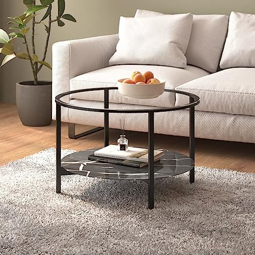 Tonture Table d'appoint ronde, noire, plateau en verre trempé de 70 cm, aspect marbré, design moderne, table basse robuste pour salon, chambre à coucher, table de rangement avec espace de rangement