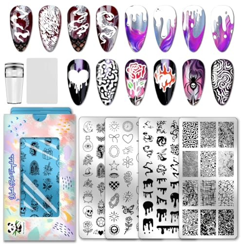 PH PandaHall 4 Stück Nagelstempelplatte Im Gothic Stil Totenköpfe Rosen Maniküre Kunstvorlage Spinne Fledermaus Schlange Nägel Bildplatte Nagelkunst Schablonen Für Frauen Nageldesign Dekor