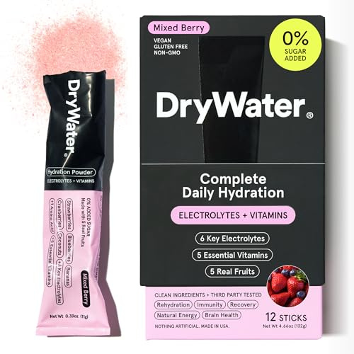 DryWater Electrolyte Powder Packets, Mixed Berry - Hydration Packets Drink Mix with Zero Added Sugar for Rehydration & Energy - 6 Key Electrolytes, 5 Essential Vitamins & 5 Real Fruits - 12 Pack