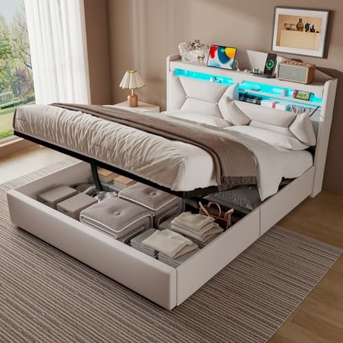 ZUUYEE Double Bed Frame 4ft6 with LED, USB C, Ottoman Bed Double with Lift Up Storage and Headboard, Beds, Frames and Bases with Slats and Metal Bedframe, Linen, Beige, 135x190 cm, Without Mattress