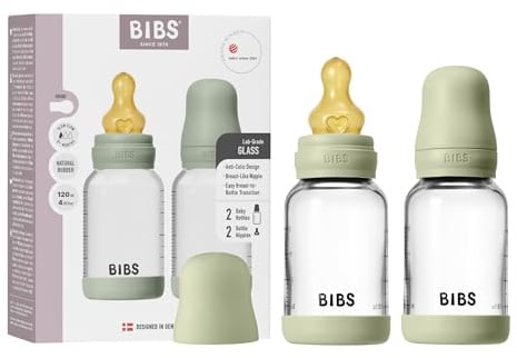 BIBS Babyflasche aus Glas, 120 ml, 2-pack, Naturkautschuk-Sauger, Sage