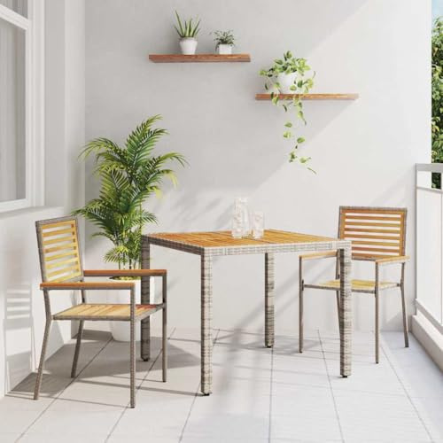 Ordellia Garten Essgruppe 3-teilig, Grau und Braun, Poly-Rattan & Akazienholz, 90x90x75 cm, für Balkon, Terrasse, Garten, langlebig