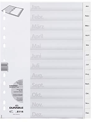 DURABLE Kunststoffregister, Monats-Register, einzeln weiß Jan. - Dez.