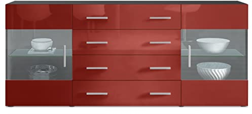 Vladon Sideboard Kommode Bari V2, Made in Germany, Korpus in Schwarz matt/Front in Bordeaux Hochglanz (166 x 72 x 35)