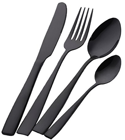 Buyer Star Coutellerie Set 4 Pièces Couverts en Acier Inoxydable Noir Argenterie Ustensiles Vaisselle Réutilisable Dîner Dessert Cuillère Couteau Fourchette Cuillère à Thé