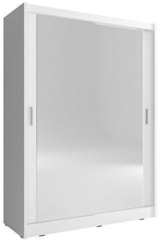 Kleiderschrank mit Spiegel Schwebetürenschrank 2-türig mit Einlegeböden und Kleiderstange Schlafzimmer- Wohnzimmerschrank Schrank Gaderobe Schiebtüren Borneo A2 (Weiß, 150 cm)