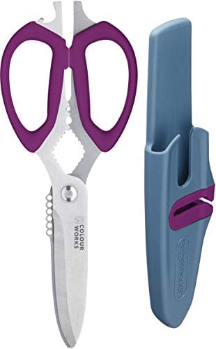 Colourworks 10 in 1 Multifunction Kitchen Scissors with Built-In Edgekeeper Scissor Sharpeners, Bottle Openers, Zester and More, Stainless Steel, Plum, 23 cm