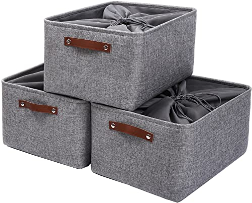 Mangata Set of 3 Storage Boxes with Drawstring, Extra Large Canvas Fabric Thickened Storage Basket for Pillow, Quilt, Shelf (XLarge, Grey)