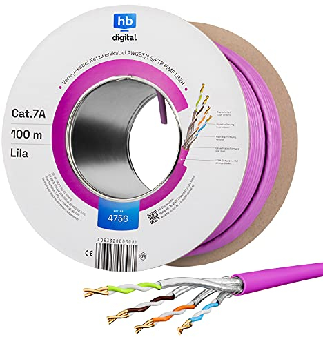HB-DIGITAL 100m Cable de red cat.7A Cable de instalación LAN AWG23/1 Purple Cable cat7 cobre profesional S/FTP PIMF LSZH Libre de halógenos RoHS-Compliant Cat7a Cable de datos Ethernet 10Gbit 1000MHz