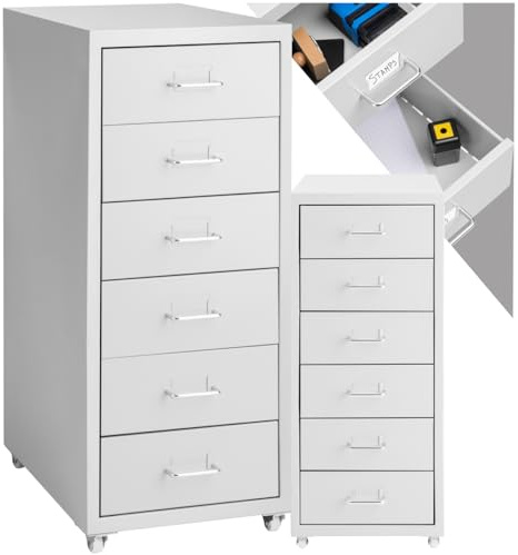 tectake 800635 Cajonera con Ruedas de Metal, Contenedor, 6 Cajones para Almacenamiento, Ideal Oficina Despacho Trabajo, 41x28x69 cm (Gris Claro | No. 402488)