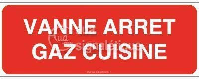 AUA SIGNALETIQUE - Panneau Vanne Arret Gaz Cuisine - 200x75 mm, PVC 1.5mm