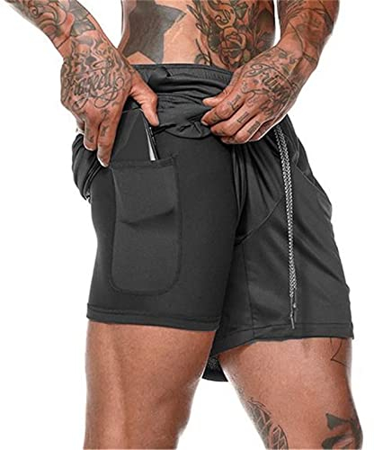 Aisprts Sporthose Herren Kurz, Laufhose Herren Kurz, 2 in 1 Atmungsaktive Schnell Trocknende Kompressionsfutter Kurze Hosen für Sport Laufshorts mit und Tasche, Schwarz, L
