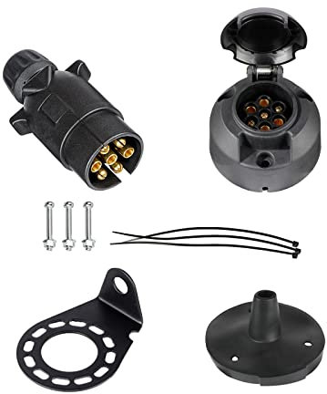 BEIJISTAR Kit de Fiche et Prise Remorque 7 Broches avec Joint en Caoutchou et Support de Montage en Métal, 12V Étanche Connecteur Prise Remorque Mâle et Femelle, pour Caravane Voitures RV Bateau