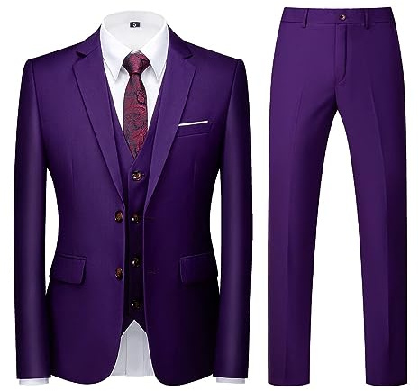 KUDORO Men Suits 3 Piece Tuxedo Two Buttons Blazer Waistcoat Trousers Set | Slim Fit Single Breasted Solid Formal Men's Suit for Wedding Casual Business Dinner Party