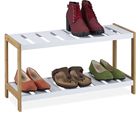 Relaxdays Schuhregal, 2 Ebenen, für 6 Paar Schuhe, HBT 35,5 x 70 x 26,5 cm, Schuhständer offen, MDF & Bambus, weiß/natur