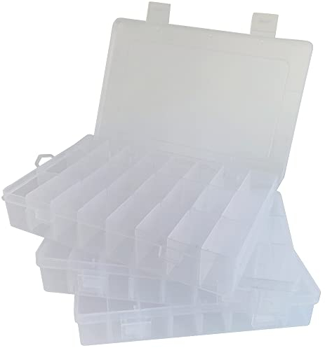 CENRONG Fächer Aufbewahrungsbox,3 Stück Einstellbar Sortierboxen Plastik Aufbewahrungsboxen mit 24 Raster Verstellbaren Trennwänden Für Nähzubehör,Schrauben,Bügelperlen,Perlen & Schmuck (Transparent)