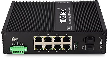 10Gtek Industrial IP40, 10-Port Gigabit Ethernet Switch (w/20-km SFP transceiver), G0208i , DIN-Rail Mount(power supply is not included)