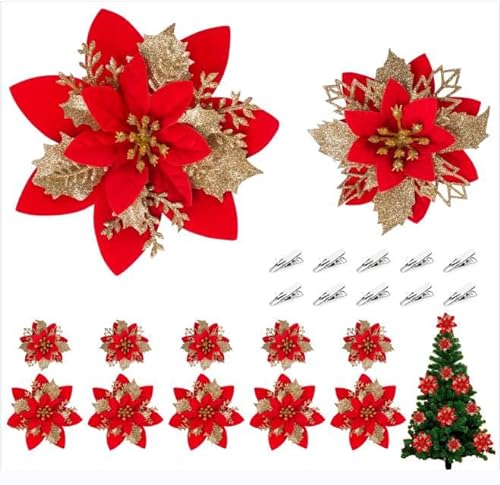 Kunstblume Weihnachten,16 Stück Weihnachtsblumen,für Türkranz Rote Beeren,Welhnachtsbaum Dekoratlon&Welhnachtsbaum Deko,10/15cm,mitClips