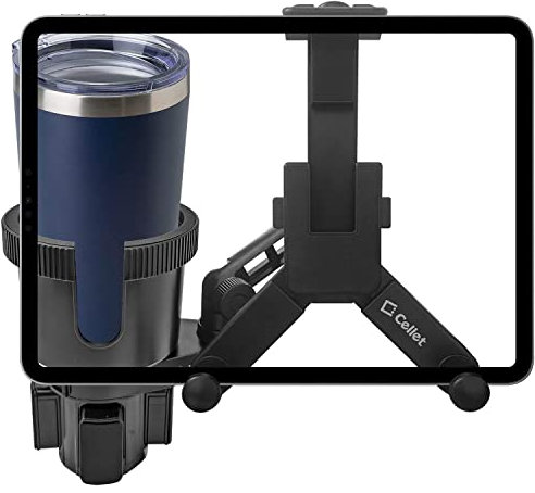 cellet - Tablet Holder with Cup Holder Base Compatible with Apple iPad Pro 12.9, 11, 10.5, 9.7, Air, Mini, Samsung Galaxy Tab S8 S7 S6 S5 A/E Amazon Kind Fire HD