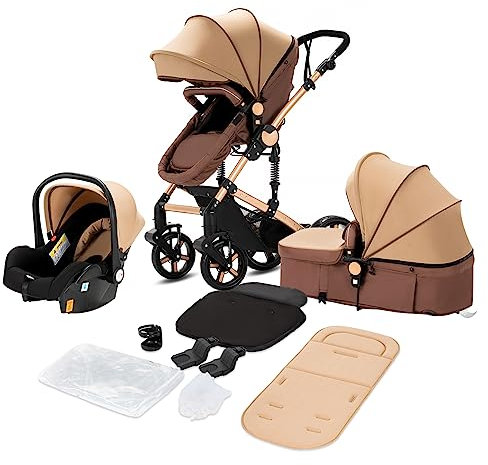Magic ZC Kinderwagen 3 in 1, Kombikinderwagen 3 in 1 Komplettset mit Umkehrbarem Zwei-Wege-Schub, Buggy mit Zubehör Hohe Landschaft, Faltbarem Tragbarem One-Click-Design (588 Khaki)