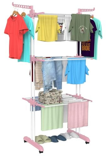 Innotic Wäscheständer mit Rollen Multifunktional 4 etagen Wäscheständer Turm Klappbar Wäscheständer Platzsparend Wäscheturm fur Innen und draußen (pink weiß)