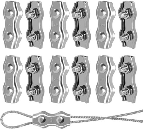 12 Pezzi Morsetti in Acciaio Inox 304 Duplex M3 per Funi Metalliche, Morsetti per Filo Stendibiancheria per Funi Metalliche da 3mm Giardino, Cavi, Patio e Vele da Sole