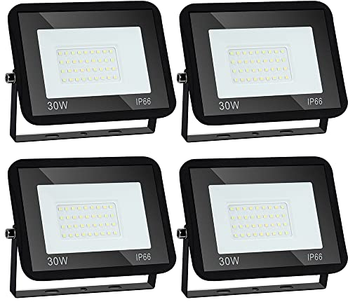 Sonnewelt Projecteur LED Extérieur 30W 4pcs 2550lm Blanc Froid 6000K Spot LED Extérieur économiseur dénergie IP66 Imperméable lumière de Sécurité pour Jardin Patio Cour Garage