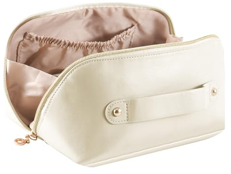 MakeupTasche Reise Kosmetiktasche Mit Großem Fassungsvermögen Make-up Bag Wasserdichter Lede-Organizer,Multifunktionale Kulturtasche mit Griff und Trennwand(Weiß)