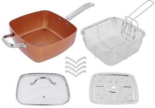 4Pcs Steel Nonstick Square Deep Frying Pan, 9.4” Large Cooking Pan with Steamer & Fry Basket, Orange Griddle Pan with Lid, Basket & Steamer Tray Saucepan Dishwasher Safe