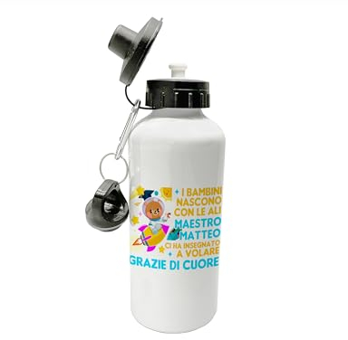 t-shirteria Borraccia per Maestro Personalizza Nome i Bambini Nascono con le Ali Insegnato a volare Maestri Bambini figlio Insegnante maschio idee regalo insegnanti