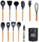 Utensilios de Cocina de Silicona con Mango de Madera, 12 Piezas, Resistentes al Calor y Antiadherentes, Antiarañazos, sin BPA, Set Utensilios de Cocina Silicona, Cucharones de Cocina Silicona (Negro)