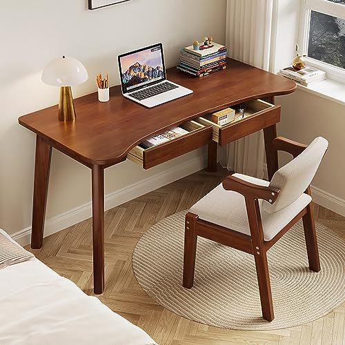 UDaca Bureau d'ordinateur avec 2 tiroirs, Bureau Moderne à Domicile, Table d'étude, Bureau d'écriture incurvé en Bois Massif (47 Pouces, Noyer)