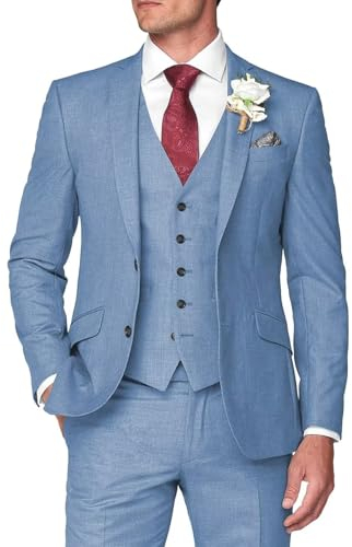 HUUTOE Costume 3 pièces élégant pour Homme, Type Smoking, Coupe ajustée, avec Blazer, Gilet et Pantalon, pour l’été, Mariage, Bal de Fin d'année, Affaires, Bleu poussiéreux., Taille L
