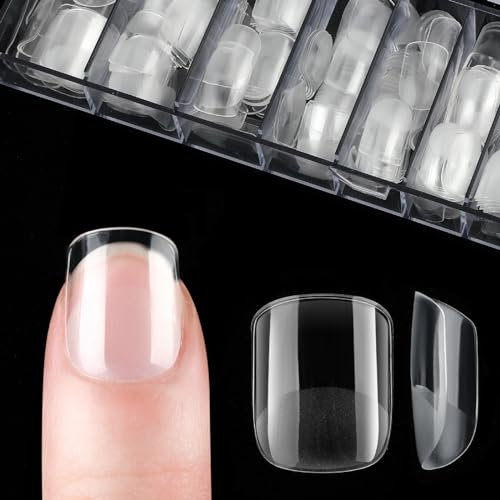 Amabro 504pcs Press on Nails Short, PMMA Resin False Nail Tips 12 Sizes Pre-shape Half Matte Soft Gel Fake Nails Clear Full Cover Acrylic False Nails for Extension Nail Salon and Home DIY(Trapezoidal)