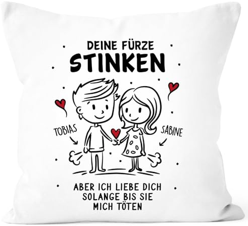 SpecialMe® Kissen-Bezug Liebe Geschenk Lustig mit Namen Deine Fürze stinken Strichmännchen Paar Jahrestag weiß Standard