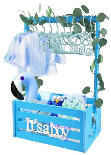 Sibosen Holz Baby Geschenk Korb mit Griff, Kinder Kleiderbügel und Girlande, Baby Dusche Kiste Schrank, Baby Korb für schwangere neue Eltern Girlande und 10 Kleiderbügeln Hellrosa (blau)