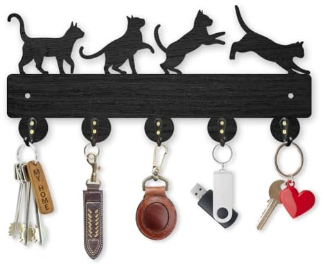 MAYJOYDIY Porte Clés Mural en Bois en forme chat 30 x 13,6 cm - 4 chatons - Porte-clés pour mur 5 crochets en alliage Décoration murale pour entrée, salon, camping-car, Cadeau