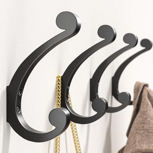 Josmimic Coat Hooks Wall Mount for Hanging - Black Large Retro Double Hooks with Screws, Heavy Duty Coat Hanger, Holder 40Lb, Coat Rack for Towels, Hats, Mug, Bags, Clothes, Purse, 4 Pack