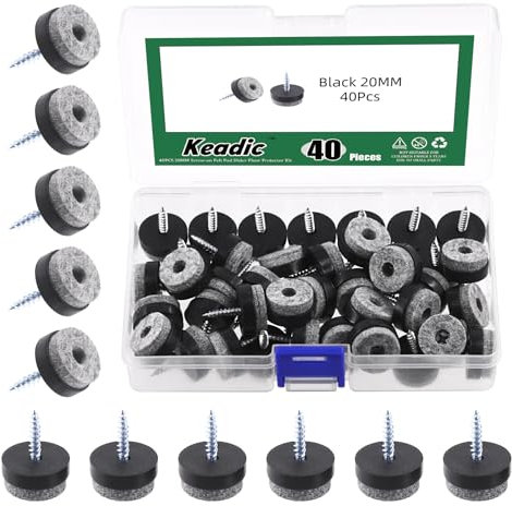 Keadic 40Pcs 4/5(20mm) Screw-on Furniture Felt Pads Bulk Set, Round Slider Glide Floor Protector for Wooden Furniture Chair Tables Leg Feet (Black)