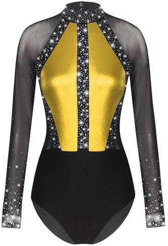 iEFiEL Turnanzug für Damen Langarm Gymnastikbody mit Strass Patchwork Metallic Tanzbody Ballett Trikotanzug Wettbewerb Leotards Gold XL