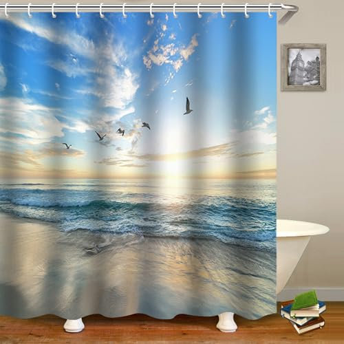 FAIRYGATE Shower Curtain Blue Ocean Beach Shower Curtains Sea Waves Waterproof Mould Proof Fabric Bathroom Curtains 180 x 180 cm Blue White Brown B8809